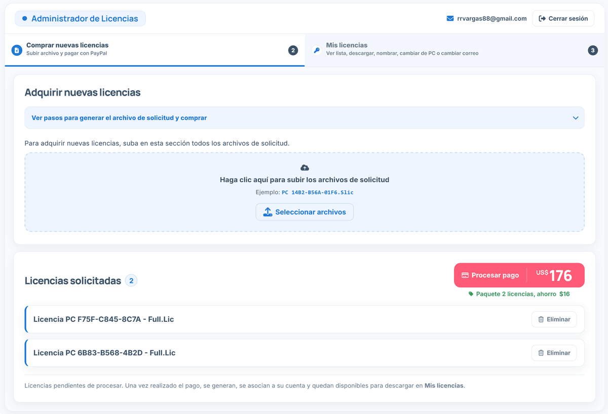 Pantalla del Administrador de Licencias para comprar nuevas licencias de Smart Punto de Venta