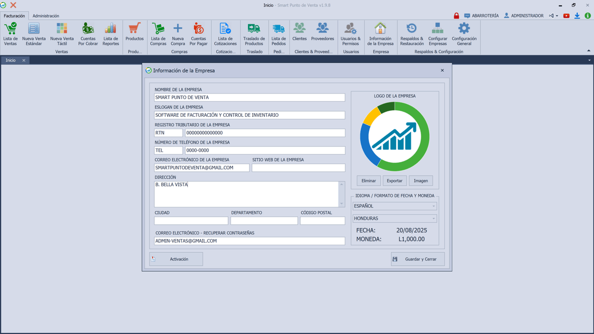 Configuración de información de la empresa en Smart Punto de Venta para facturas y reportes