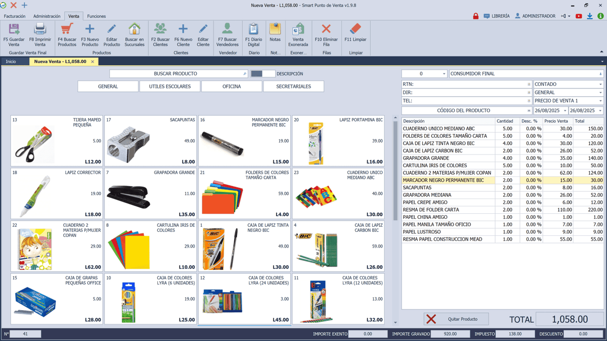 Pantalla de ventas de Smart Punto de Venta para librerías