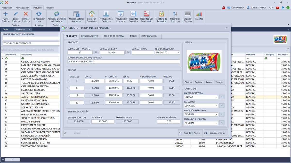Módulo de productos e inventario de Smart Punto de Venta con existencias, precios y códigos de barras