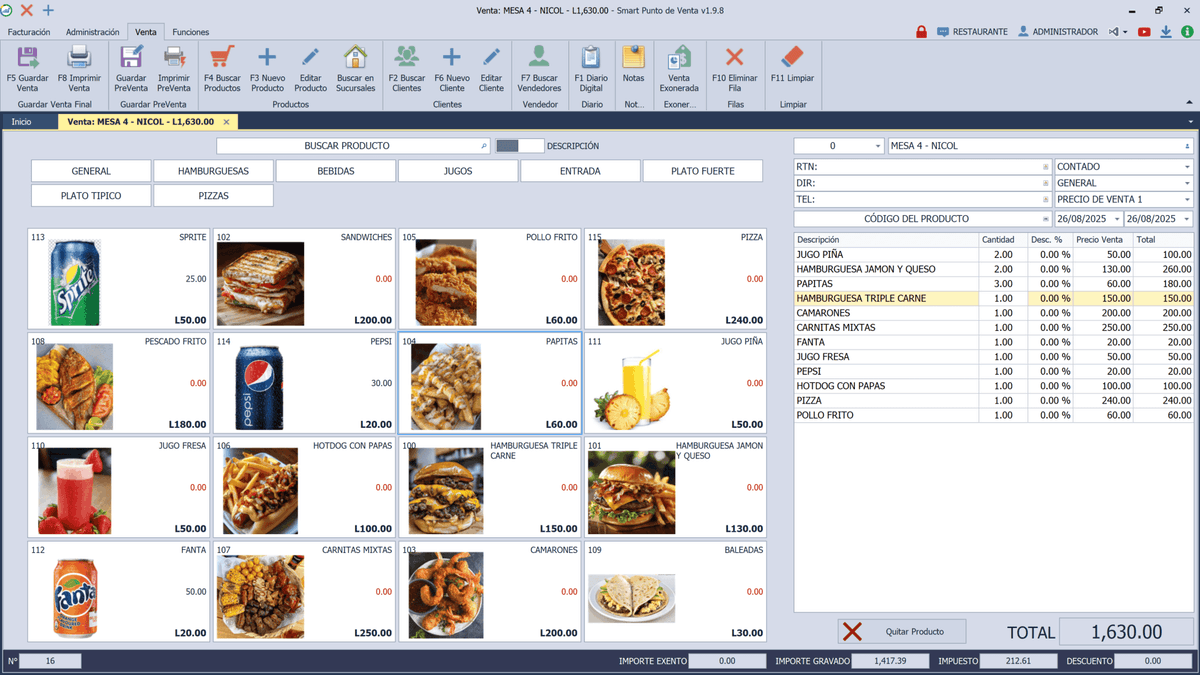 Pantalla de ventas de Smart Punto de Venta para restaurantes