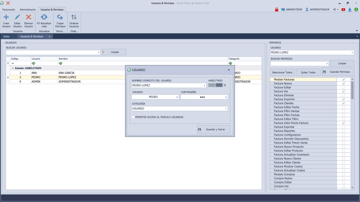 Configuración de usuarios, roles y permisos en Smart Punto de Venta